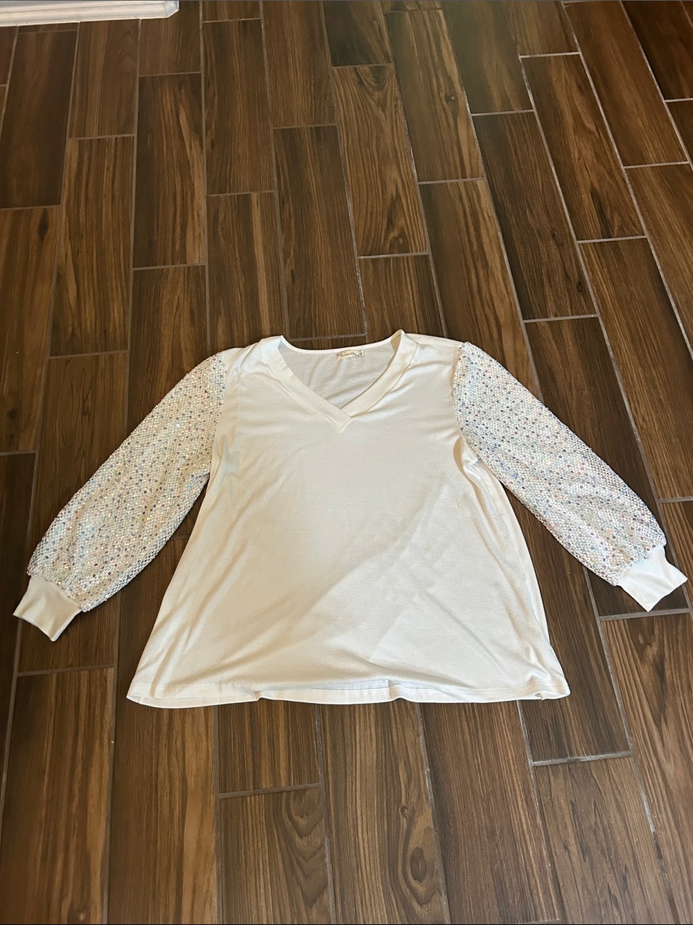 V-Neck Long Sleeve Top with Sparkle Puff Sleeves - White